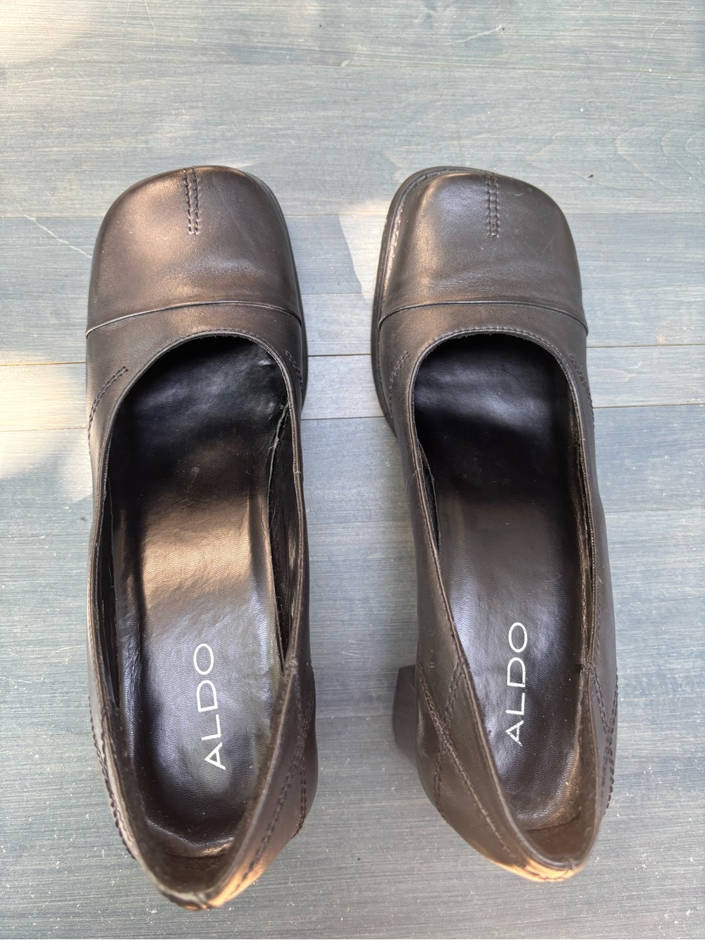 ALDO Black Leather Square-Toe Block Heel Pumps